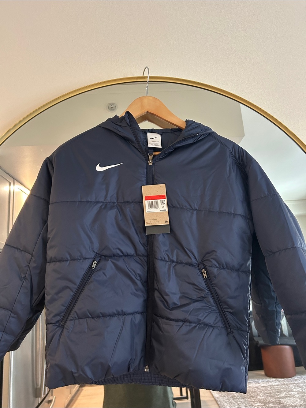 Nike Navy Hooded Kids Puffer Jacket with Swoosh